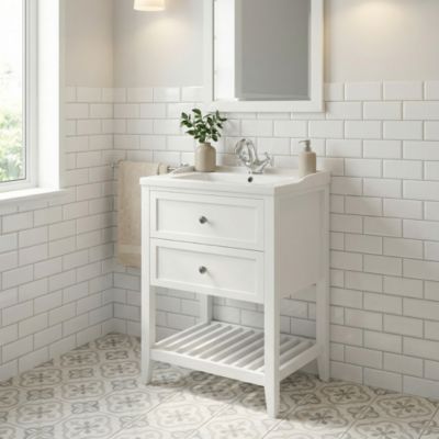 Meuble sous vasque à poser 2 tiroirs 1 niche blanc mat l.60 cm Perma + plan vasque céramique blanc Lana, GoodHome