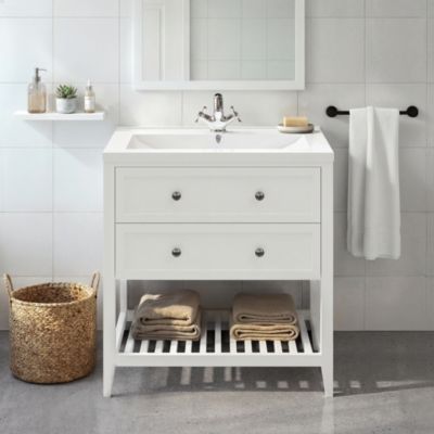 Meuble sous vasque à poser 2 tiroirs 1 niche blanc mat l.80 cm Perma + plan vasque céramique blanc Nira , GoodHome