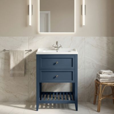 Meuble sous vasque à poser 2 tiroirs 1 niche bleu mat l.60 cm Perma + plan vasque Nira, GoodHome