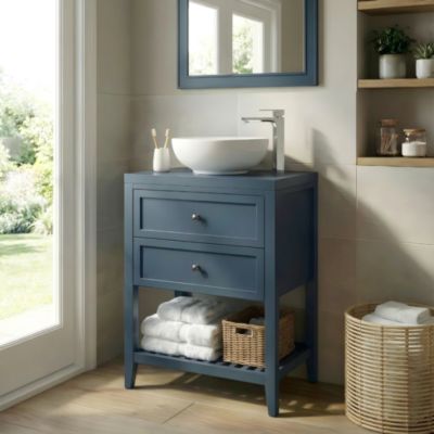 Meuble sous vasque à poser 2 tiroirs 1 niche bleu mat l.60 cm + plan de toilette, GoodHome Perma