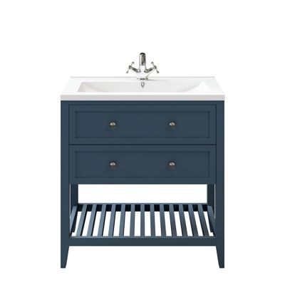 Meuble sous vasque à poser 2 tiroirs 1 niche bleu mat l.80 cm Perma + plan vasque Nira, GoodHome