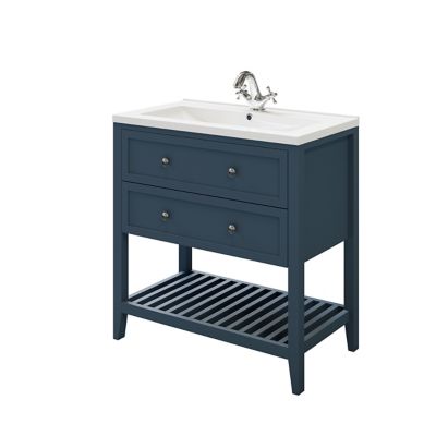 Meuble sous vasque à poser 2 tiroirs 1 niche bleu mat l.80 cm Perma + plan vasque Nira, GoodHome
