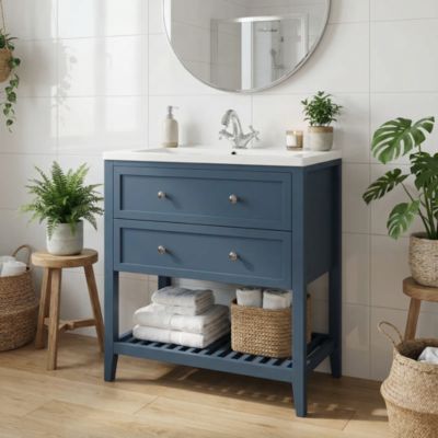 Meuble sous vasque à poser 2 tiroirs 1 niche bleu mat l.80 cm Perma + plan vasque Nira, GoodHome
