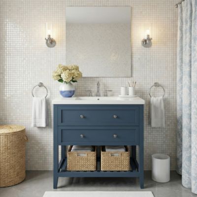 Meuble sous vasque à poser 2 tiroirs 1 niche bleu mat l.80 cm + plan de toilette, GoodHome Perma