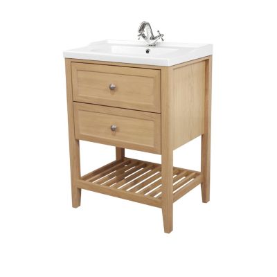 Meuble sous vasque à poser 2 tiroirs 1 niche placage chêne l.60 cm Perma + plan vasque blanc Lana, GoodHome