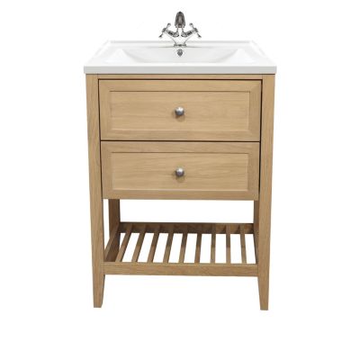 Meuble sous vasque à poser 2 tiroirs 1 niche placage chêne l.60 cm Perma + plan vasque blanc Lana, GoodHome