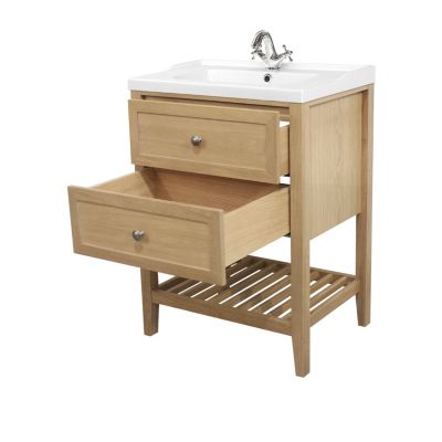 Meuble sous vasque à poser 2 tiroirs 1 niche placage chêne l.60 cm Perma + plan vasque blanc Lana, GoodHome
