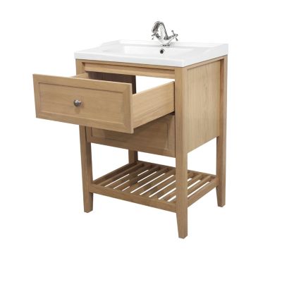 Meuble sous vasque à poser 2 tiroirs 1 niche placage chêne l.60 cm Perma + plan vasque blanc Lana, GoodHome