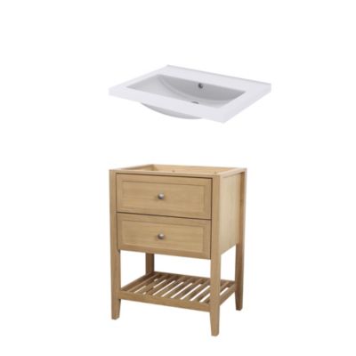 Meuble sous vasque à poser 2 tiroirs 1 niche placage chêne l.60 cm Perma + plan vasque blanc Nira, GoodHome