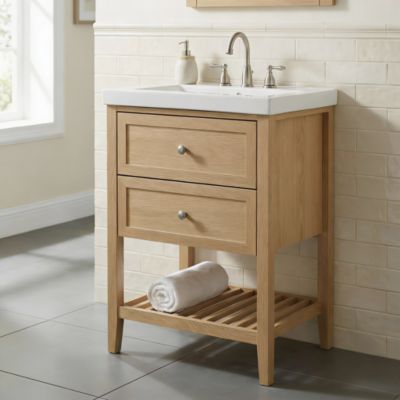 Meuble sous vasque à poser 2 tiroirs 1 niche placage chêne l.60 cm Perma + plan vasque blanc Nira, GoodHome