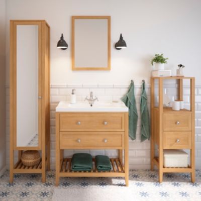 Meuble sous vasque à poser 2 tiroirs 1 niche placage chêne l.80 cm Perma + plan vasque blanc Lana, GoodHome