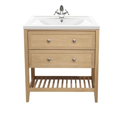 Meuble sous vasque à poser 2 tiroirs 1 niche placage chêne l.80 cm Perma + plan vasque blanc Lana, GoodHome