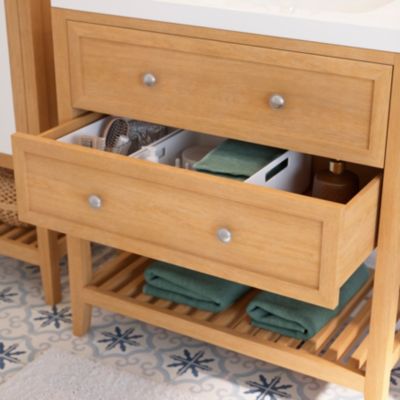 Meuble sous vasque à poser 2 tiroirs 1 niche placage chêne l.80 cm Perma + plan vasque blanc Nira, GoodHome