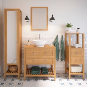 Meuble sous-lavabo suspendu salle de bain chêne marron 2 tiroirs + miroir -  largeur 60 cm, hauteur 45 cm