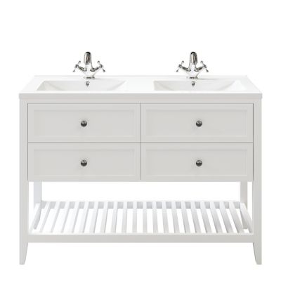 Meuble sous vasque à poser 4 tiroirs 1 niche blanc mat l.120 cm Perma + plan double vasque Nira, GoodHome