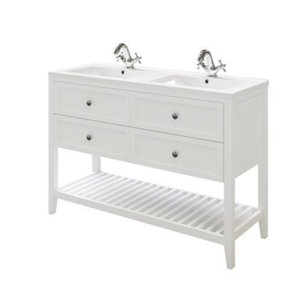 Meuble sous vasque à poser 4 tiroirs 1 niche blanc mat l.120 cm Perma + plan double vasque Nira, GoodHome
