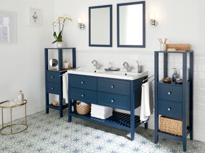 Meuble sous vasque à poser 4 tiroirs 1 niche bleu mat l.120 cm Perma + plan double vasque Lana, GoodHome