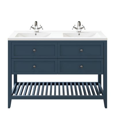 Meuble sous vasque à poser 4 tiroirs 1 niche bleu mat l.120 cm Perma + plan double vasque Nira, GoodHome