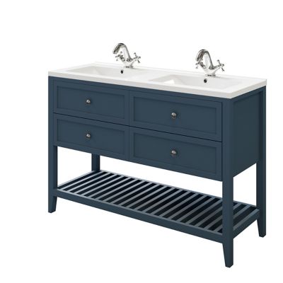 Meuble sous vasque à poser 4 tiroirs 1 niche bleu mat l.120 cm Perma + plan double vasque Nira, GoodHome