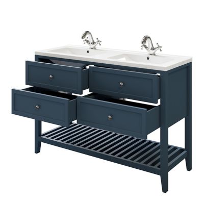 Meuble sous vasque à poser 4 tiroirs 1 niche bleu mat l.120 cm Perma + plan double vasque Nira, GoodHome