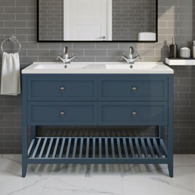 Meuble sous vasque à poser 4 tiroirs 1 niche bleu mat l.120 cm Perma + plan double vasque Nira, GoodHome