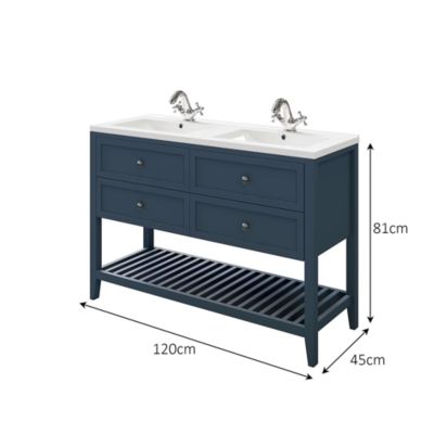 Meuble sous vasque à poser 4 tiroirs 1 niche bleu mat l.120 cm Perma + plan double vasque Nira, GoodHome
