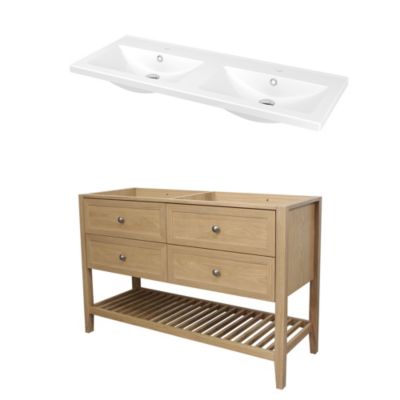 Meuble sous vasque à poser 4 tiroirs 1 niche placage chêne l.120 cm Perma + plan double vasque céramique blanc Nira, GoodHome