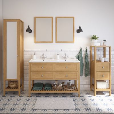 Meuble sous vasque à poser 4 tiroirs 1 niche placage chêne l.120 cm Perma + plan double vasque céramique blanc Nira, GoodHome