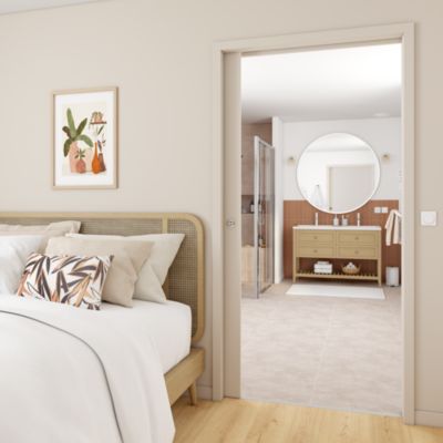 Meuble sous vasque à poser 4 tiroirs 1 niche placage chêne l.120 cm Perma + plan double vasque céramique blanc Nira, GoodHome