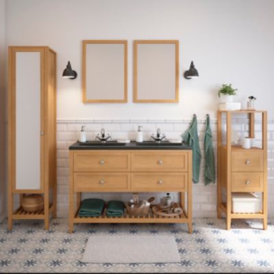 Meuble sous vasque à poser 4 tiroirs 1 niche placage chêne l.120 cm Perma + plan double vasque noir Nira, GoodHome