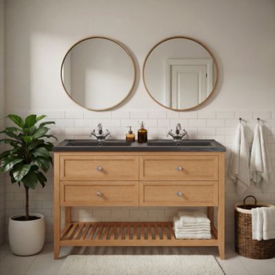 Meuble sous vasque à poser 4 tiroirs 1 niche placage chêne l.120 cm Perma + plan double vasque noir Nira, GoodHome