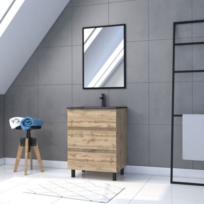 Meuble sous vasque à poser 60 cm effet chêne industriel 3 tiroirs avec plan vasque noir et miroir, Galedo Timber