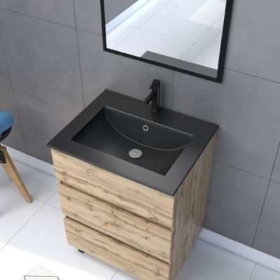 Meuble sous vasque à poser 60 cm effet chêne industriel 3 tiroirs avec plan vasque noir et miroir, Galedo Timber