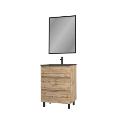 Meuble sous vasque à poser 60 cm effet chêne industriel 3 tiroirs avec plan vasque noir et miroir, Galedo Timber