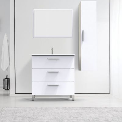 Meuble sous vasque à poser 80 cm blanc brillant avec plan vasque et miroir, Ondee Pallas