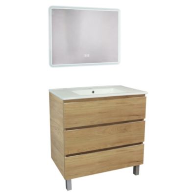 Meuble sous vasque à poser 80 cm effet bois avec plan vasque blanc et miroir, Ondee Trendy