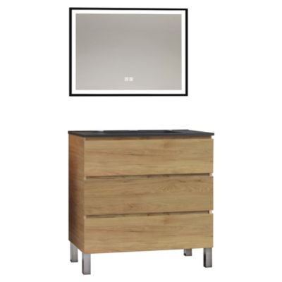 Meuble sous vasque à poser 80 cm effet bois avec plan vasque noir et miroir, Ondee Trendy