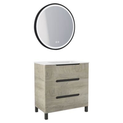 Meuble sous vasque à poser 80 cm effet bois nordique avec plan vasque blanc et miroir LED rond, Ondee Alaska