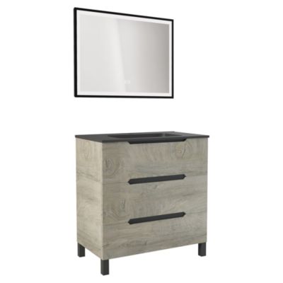 Meuble sous vasque à poser 80 cm effet bois nordique avec plan vasque noir et miroir LED rectangulaire, Ondee Alaska