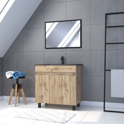 Meuble sous vasque à poser 80 cm effet chêne industriel 2 portes avec plan vasque noir et miroir, Galedo Timber