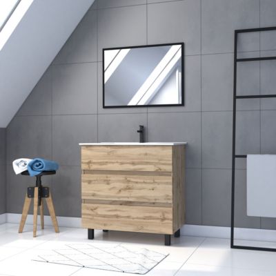 Meuble sous vasque à poser 80 cm effet chêne industriel 3 tiroirs avec plan vasque blanc et miroir, Galedo Timber