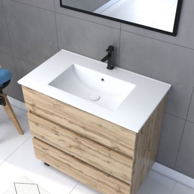 Meuble sous vasque à poser 80 cm effet chêne industriel 3 tiroirs avec plan vasque blanc et miroir, Galedo Timber