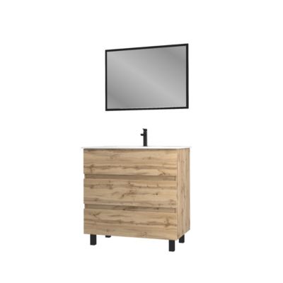 Meuble sous vasque à poser 80 cm effet chêne industriel 3 tiroirs avec plan vasque blanc et miroir, Galedo Timber
