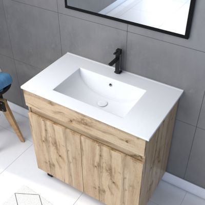 Meuble sous vasque à poser 80 cm effet chêne industriel avec plan vasque blanc et miroir, Galedo Timber
