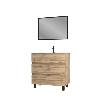 Meuble sous vasque à poser 80 cm effet chêne industriel avec plan vasque blanc et miroir, Galedo Timber