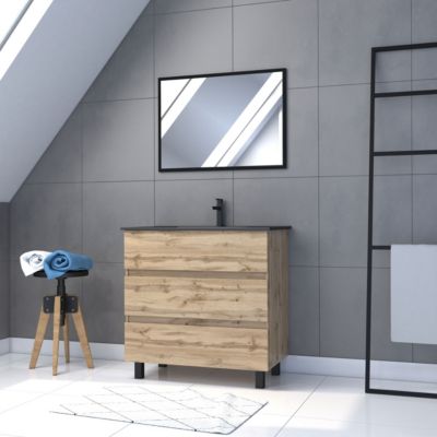 Meuble sous vasque à poser 80 cm effet chêne industriel avec plan vasque noir et miroir, Galedo Timber