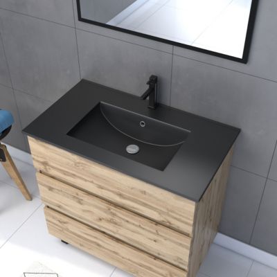 Meuble sous vasque à poser 80 cm effet chêne industriel avec plan vasque noir et miroir, Galedo Timber