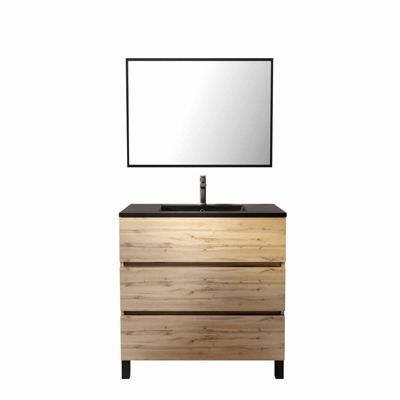 Meuble sous vasque à poser 80 cm effet chêne industriel avec plan vasque noir et miroir, Galedo Timber