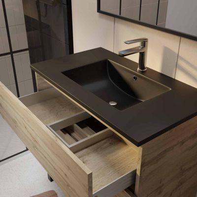 Meuble sous vasque à poser 80 cm effet chêne industriel avec plan vasque noir et miroir, Galedo Timber