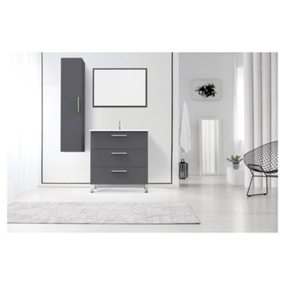 Meuble sous vasque à poser 80 cm gris brillant avec plan vasque et miroir, Ondee Pallas